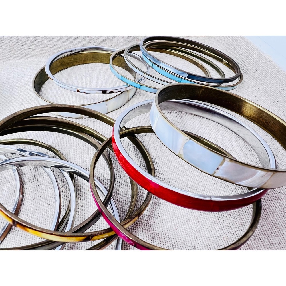 Vintage l Shell Multicolor Inlay Bangle & Cuff Bracelet Lot of 18 - Picture 12 of 16